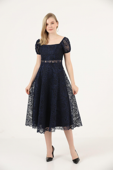 Lastikli Balon Kol Kloş Midi Boy Elbise