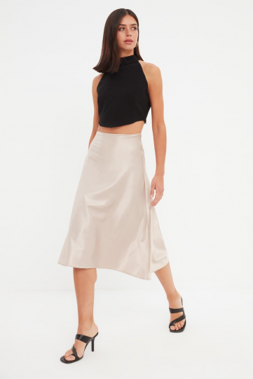 Gümüş Saten Midi Etek