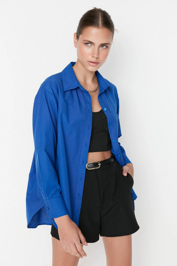 Açık Mavi Çizgili Boyfriend Gömlek